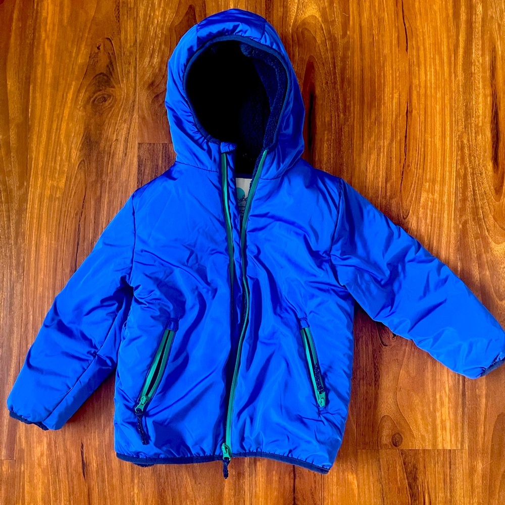 Mini Boden blue teddy lined anorak winter coat.  Size 5-6 boys.